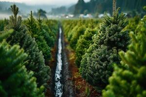 Christmas tree farm in the early morning with fresh greenery and mist rising over the hills photo