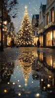 Holiday season sparkles in city square with illuminated Christmas tree and festive reflections on the pavement photo