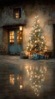 Cozy winter evening with a decorated Christmas tree and glowing reflections outside a rustic building photo