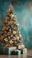 Beautifully decorated Christmas tree with gifts in a cozy, turquoise-themed setting near the end of the year photo