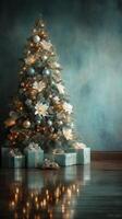 Elegant Christmas tree adorned with lights and soft blue decorations surrounded by wrapped gifts photo