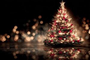 Christmas tree adorned with lights and ornaments creating a festive atmosphere in a dark setting photo