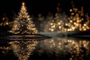 Sparkling Christmas tree illuminates serene lakeside during festive night celebration photo