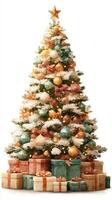 Decorative Christmas tree with colorful ornaments and presents displayed beneath it in a cozy setting during the holiday season photo