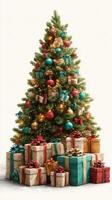 Decorated Christmas tree surrounded by colorful presents in a cozy indoor setting during the holiday season photo