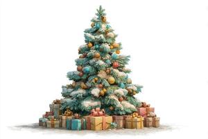 Christmas tree decorated with ornaments and surrounded by colorful gifts in a festive indoor setting photo