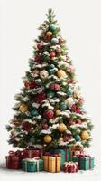 Decorated Christmas tree with colorful ornaments and wrapped gifts during winter season photo
