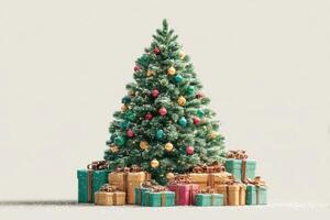 Brightly decorated Christmas tree surrounded by beautifully wrapped presents in a cozy setting photo