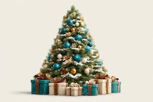 Christmas tree adorned with blue and gold ornaments surrounded by wrapped gifts photo