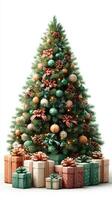 Colorful Christmas tree adorned with ornaments and gifts in a festive setting photo