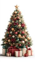 Decorative Christmas tree adorned with ornaments and gifts in festive colors for holiday celebration photo