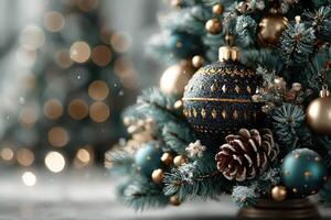 Decorative Christmas tree adorned with ornaments and pinecones in a cozy indoor setting during the holiday season photo
