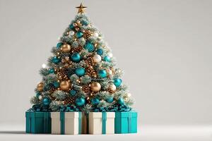 Festively decorated Christmas tree with turquoise and gold ornaments surrounded by elegantly wrapped presents photo