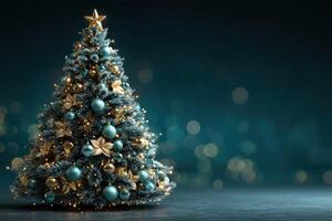 Festive Christmas tree decorated with blue and gold ornaments illuminated with soft lights in a winter setting photo