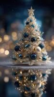 Elegant Christmas tree adorned with blue and gold ornaments displayed in festive atmosphere at night photo