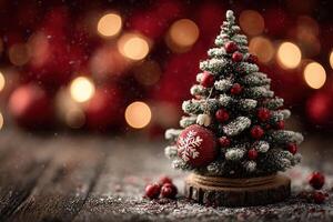 Festive small Christmas tree adorned with red ornaments and snow effect on a rustic wooden surface photo