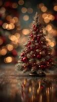 Decorated Christmas tree with red ornaments and warm lights, creating a festive atmosphere in the background photo