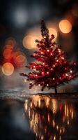 Christmas tree with lights and reflections during a festive evening celebration in winter photo