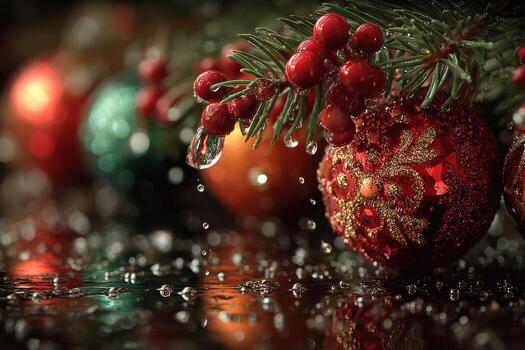 Christmas decorations with reflective ornaments and raindrops creating a festive atmosphere photo