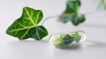 Natural ivy-based medicine concept. Transparent capsule filled with green ivy leaves, symbolizing herbal healing, organic supplements, eco-friendly health solutions, and phytotherapy innovation. photo