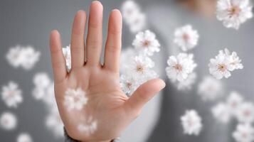 Raised hand signaling stop to floating flower pollen. Concept of spring allergy, immune response, and protection from environmental irritants during blooming season. photo