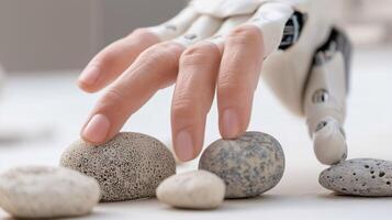 Prosthetic hand with lifelike skin touching textured stones, advanced robotics, human-robot interaction, realistic prosthesis, tactile technology, innovation in artificial limbs. photo