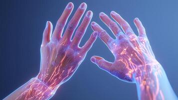 Futuristic synthetic skin technology for human transplantation, illuminated neural networks for prosthetics, phantom pain research, nerve healing innovation, biotechnology, future healthcare. photo