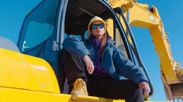 Empowered woman in construction industry operating heavy machinery. Strong, confident, fearless representation of feminine power, equality, and leadership in nontraditional careers. photo
