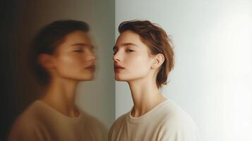 Surreal emotional portrait of a woman near a mirror, symbolizing identity loss and depersonalization. Psychological tension expressed through blurred reflection and minimalist style. photo