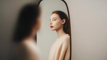 Emotional surreal portrait of a woman reflected in a mirror, expressing identity loss and psychological tension through minimalism, soft focus, and abstract composition. photo