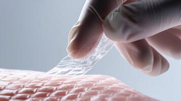 Gloved hand applies synthetic skin on human surface, symbolizing advanced tissue engineering, regenerative medicine, and innovation in skin graft technology for medical transplantation. photo