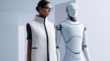 Futuristic woman engineer standing next to humanoid robot, symbolizing female leadership and innovation in technology, robotics, and artificial intelligence industries. photo