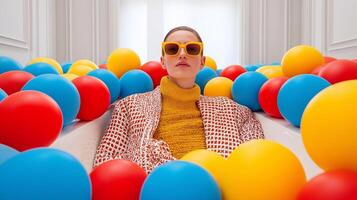 Minimalist adult in vivid sensory space, symbolizing ADHD, introversion, and balance in chaos. Conceptual image of sensory regulation, personal space, and neurodivergent calm in color. photo