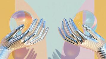 Chrome mirrored hands with glowing transparent spheres on pastel background, symbolizing aura, balance, duality, energy, light and abstract harmony. photo
