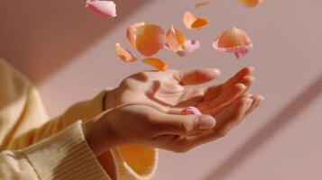 Hands releasing rose petals in soft light, symbolizing mental wellness, mindfulness, relaxation, and inner peace, perfect for spa, beauty, and self-care themes. photo