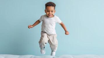 Energetic boy with ADHD jumping playfully in a studio setting. Captures motion, joy, and hyperactivity. Perfect for illustrating childhood behavior, attention challenges, or playful moments. photo