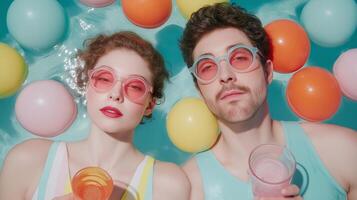Trendy young couple in colorful sunglasses floating in a pool with drinks and pastel balloons. Vibrant summer vibe, youth aesthetic, holographic style and relaxing poolside fun. photo