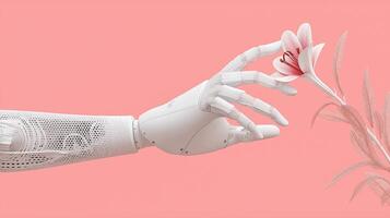 Robotic hand gently touches a delicate flower, symbolizing the connection between AI and nature, biotechnology, artificial skin research, and the future of human-machine harmony. photo