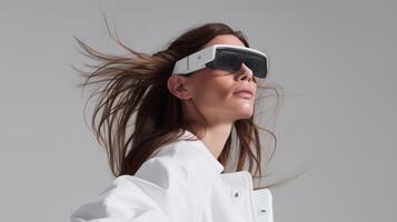 Woman wearing futuristic smart glasses and white techwear, symbolizing innovation, wearable technology, augmented vision, and digital interface in a minimal high-tech environment. photo