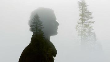 Double exposure of a person's silhouette blended with foggy forest trees, symbolizing mental health, emotional healing, inner peace, and the deep connection between humans and nature. photo