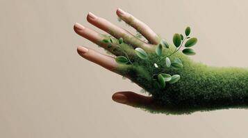 A conceptual image of a female hand seamlessly blending with green moss and fresh leaves, symbolizing unity with nature, eco-awareness, and the connection between humans and the environment. photo