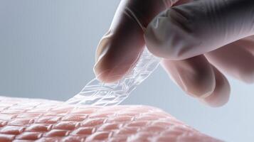 Macro image of a gloved hand applying transparent artificial skin onto a textured human-like surface, symbolizing advanced medical technology and skin graft innovation. photo