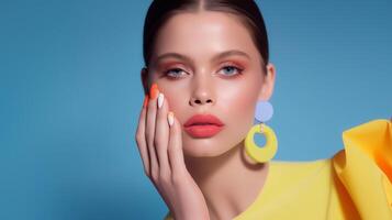 Vibrant beauty portrait with colorful makeup, bold nails, and vivid accessories. Energetic look in primary color palette reflecting playful elegance and modern aesthetics. photo