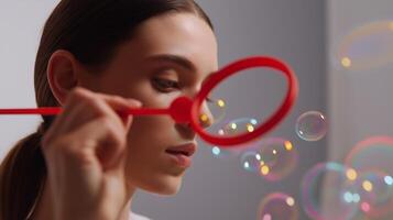 Focused young woman blowing soap bubbles, expressing sensory mindfulness and playful minimalism. Conceptual image of attention, softness, and quiet joy in colorful simplicity. photo