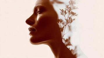 Double exposure of a calm female profile with botanical elements symbolizing mental health, healing, meditation, and the emotional connection between human well-being and nature. photo