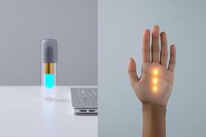 Futuristic concept showing a glowing capsule and a human hand with biometric lights. The image illustrates advanced healthcare, nanotechnology, digital identity, and biotech integration. photo