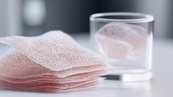 Stack of synthetic skin layers with porous texture for human grafting, illustrating medical biotechnology, tissue engineering, and advanced regenerative materials for transplantation. photo