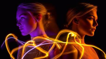 Emotional intelligence, inner dialogue, subconscious vs conscious mind conflict, mental clarity, self-awareness and aura visualized with glowing lines and contrasting light. photo
