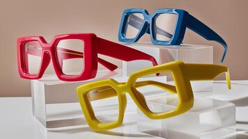 Bold geometric eyeglass frames in red, yellow, and blue displayed on acrylic blocks. Colorful eyewear design celebrating playful minimalism and modern optical style. photo