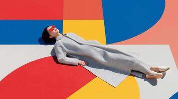 Minimalist fashion model in gray coat poses on colorful geometric background of red, blue, and yellow shapes, creating a bold, modern, artistic composition with graphic elegance. photo